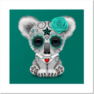 Teal Blue Day of the Dead Sugar Skull Baby Koala Posters and Art